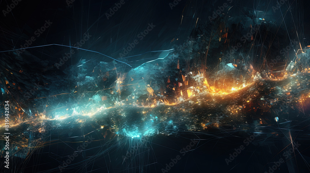 Poster Abstract technology burst with glowing wires and particles in motion. Technology and science dynamic background.