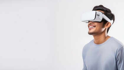 Portrait of happy man wearing virtual reality glasses isolated on flat white background with copy space. Banner template of smiling man in white VR goggles. AI generated
