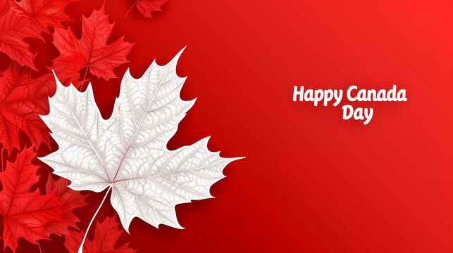 vector illustration, red background, white maple leaf with text " Happy Canada Day" in red text on the leaf. Beautiful design for Canada day, banner, background, mockup.