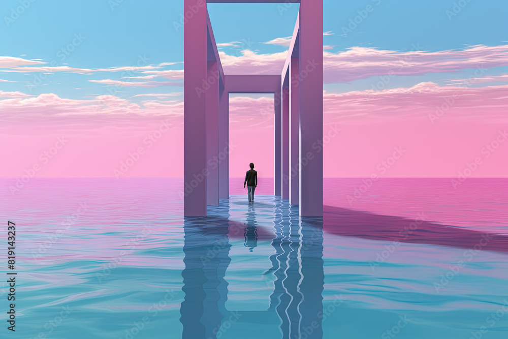 Poster surreal vaporwave landscape with abstract architecture elements on the water. dreamy landscape