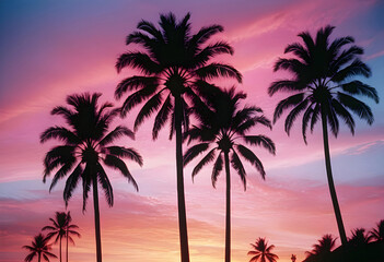 a purple sky with the sun setting behind silhouette of palm trees