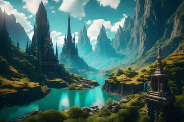 Change to a fantastical mountain kingdom with towering spires and mystical lighting.