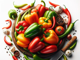 Yellow green red peppers on white background.