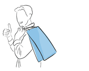 Hand drawn line art vector of a man shopping and holding bags. Happy shopping concept.