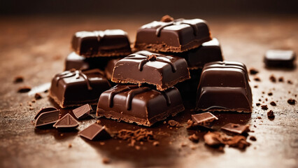 Chocolate bar, candy sweet, cacao beans and powder on wooden background
