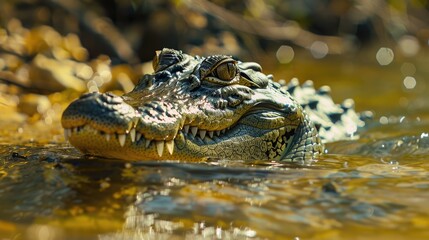Fototapeta premium Macro of a crocodile head in a river