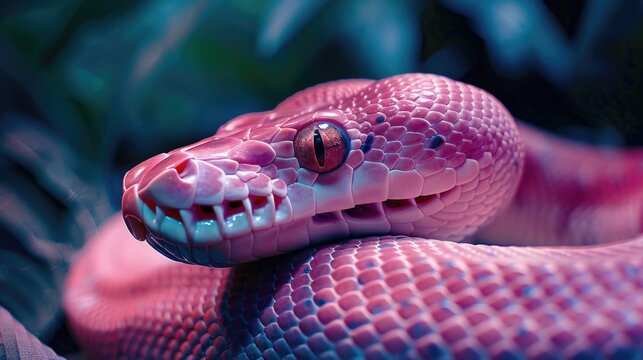 Macro shot of a pink python snake in the jungle