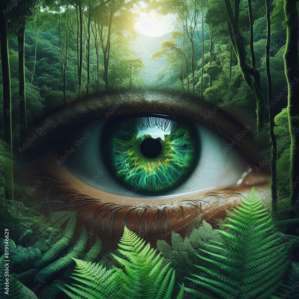 Poster a digital artwork featuring a large green eye with a detailed reflection of a dense, misty forest an