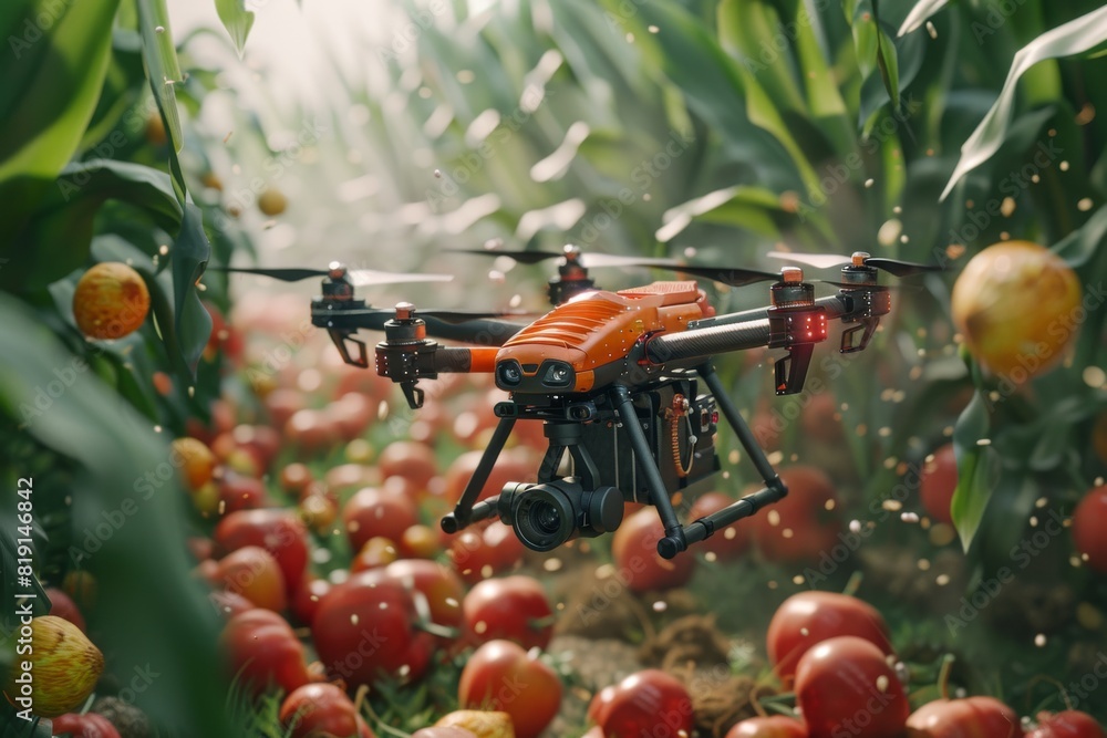 Poster crops connected targeted treatment with isometric vector for corn agriculture using drone crop appli