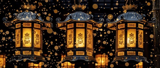 Wedding greeting card, shining lanterns, ample copy space, festive border, glowing celebration