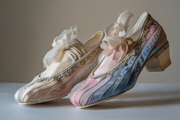 A pair of ballet shoes adorned with delicate embroidery in the colors of the transgender pride flag.