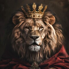 Majestic lion king wearing a golden crown and a royal red mantle, with a charismatic human attitude, a confident and strong look as a wise leader.