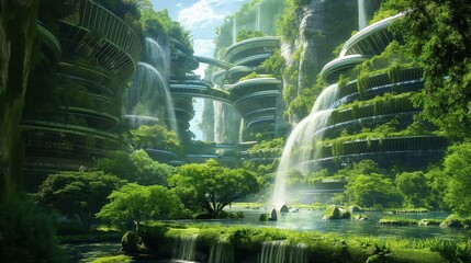 A world of future city architecture that forms a natural green space
