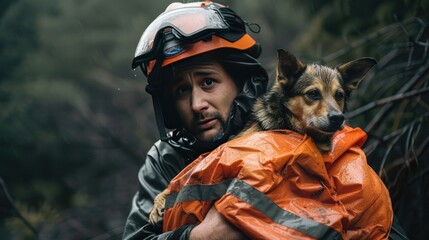  Male rescuer in raincoat and with helmet holding dog in arms. men rescuing dog from natural disaster
