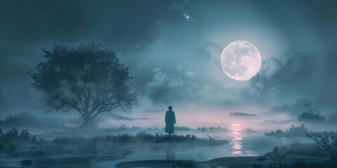 Man in a foggy garden at full moon night, view from afar. Background