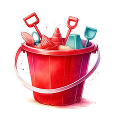 Beach bucket clipart filled with sand toys, An illustration for summer, rendered in watercolor style. 