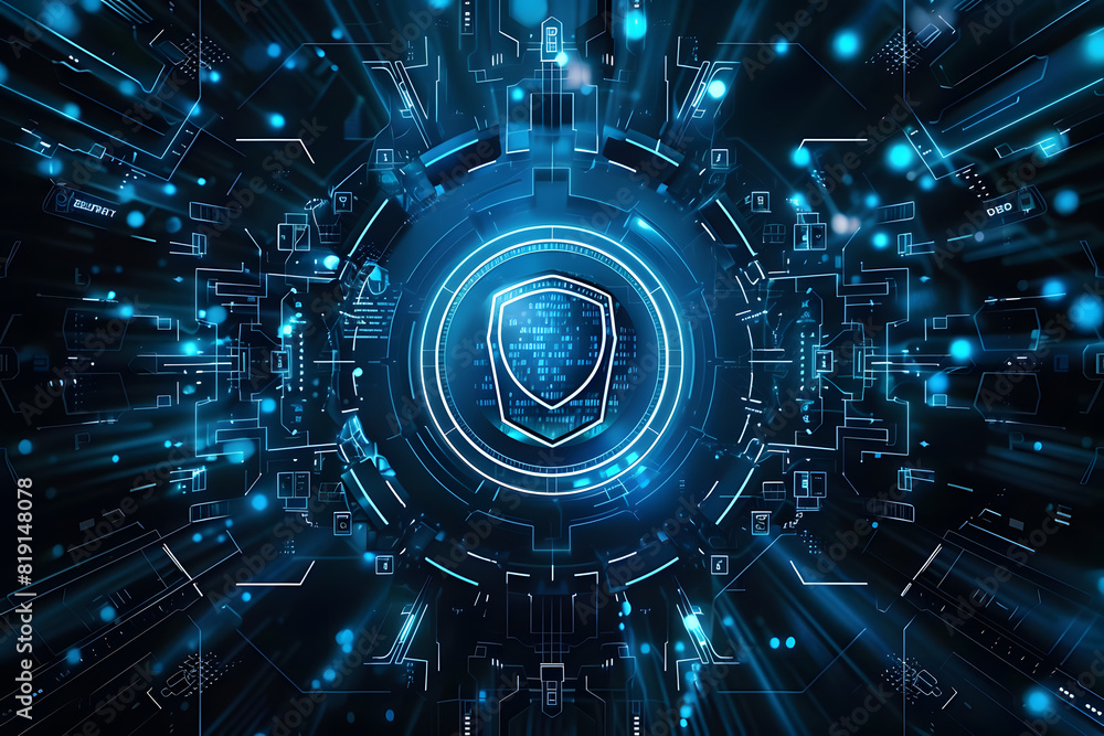 Poster futuristic blue cyber security concept with a shield symbol centered on a digital interface.