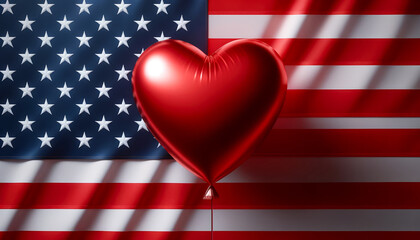 Heart shaped balloon red finish set against background American flag, symbols love and patriotism