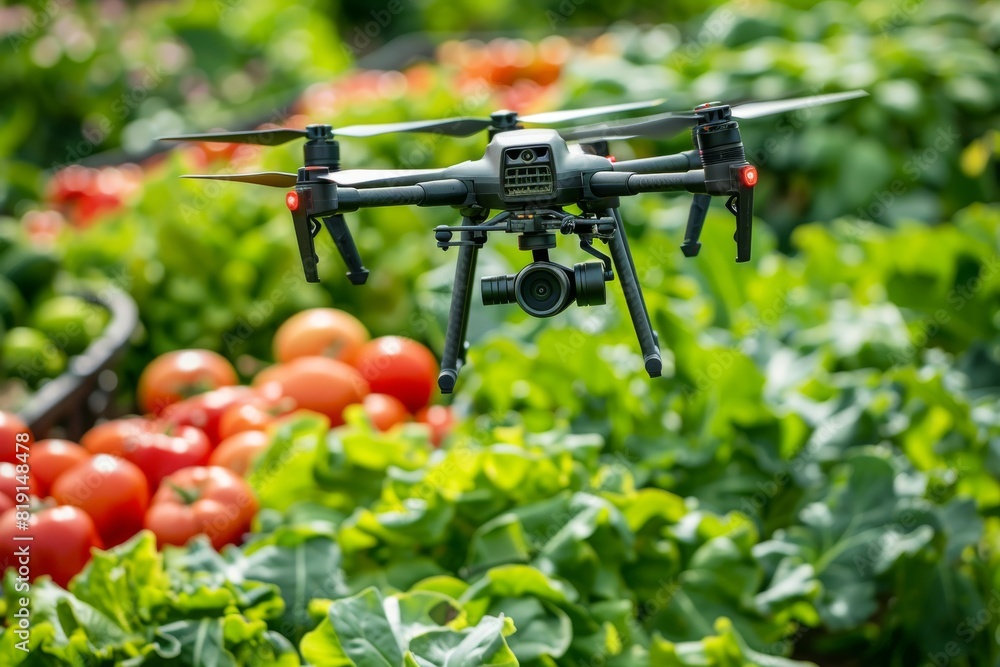 Poster agriculture farm watering analysis with drone robot for farm productivity in vegetable farming using