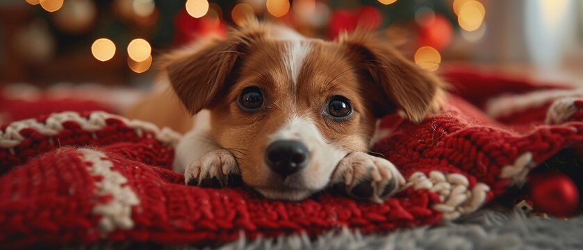 A cuddly puppy lying on a festive blanket, paws stretched out, embodying a lovable and precious moment, framed with copy space for affectionate holiday greetings 8K , high-resolution, ultra HD,up32K H
