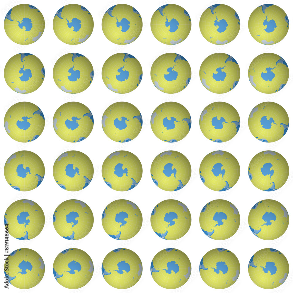 Poster collection of planet globes. south pole sphere view. rotation step 10 degrees. colored countries sty