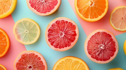 Colorful geometric patterns created from carefully arranged fruit slices, emphasizing minimalism and vitamins, set against a trendy pastel background with copy space for nutrition facts 8K , high-reso