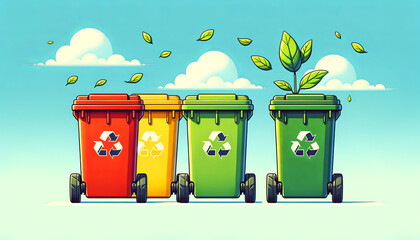 Three recycling bins red, green, yellow colors with green leaves, importance of recycling sustainability