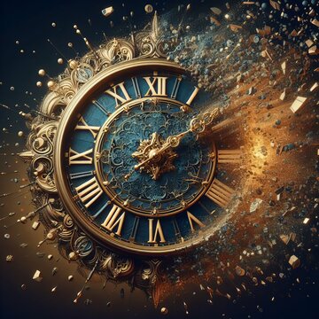 A 3D illustration of a vintage clock exploding amidst gold and blue particles, symbolizing the passage of time or deadlines.. AI Generation
