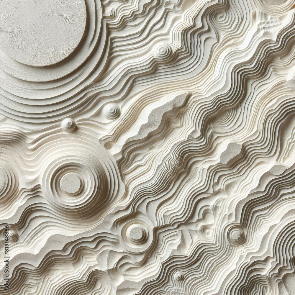 Poster a monochromatic abstract topographic map in shades of white, displaying intricate layered patterns a
