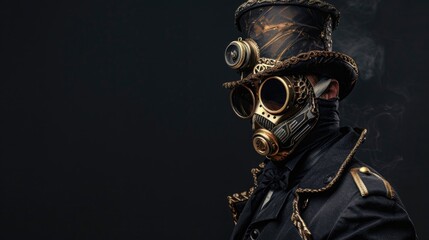 Man with top hat and mask in steampunk style, black background