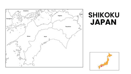 Shikoku Map. State and district map of Shikoku. Administrative map of Shikoku with district and capital in white color.
