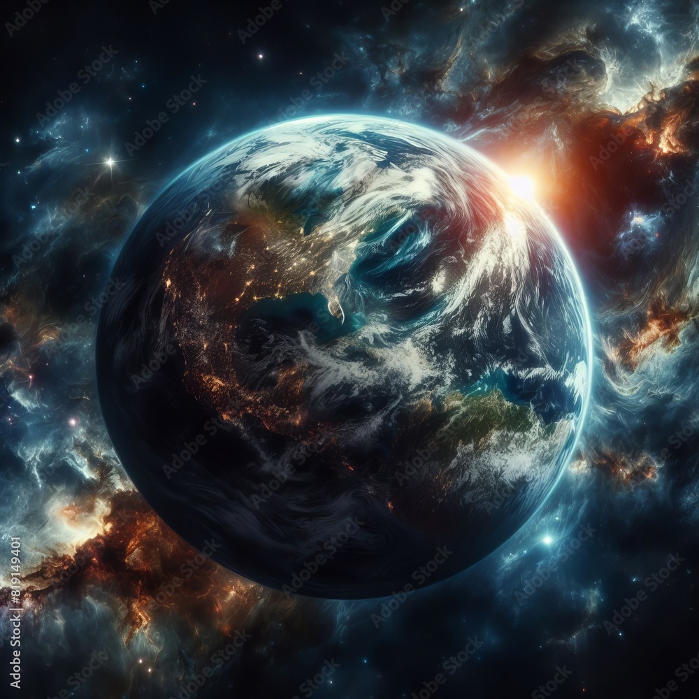 Poster a stunning digital artwork of earth centered in a vivid cosmic space with distant stars and nebulae.