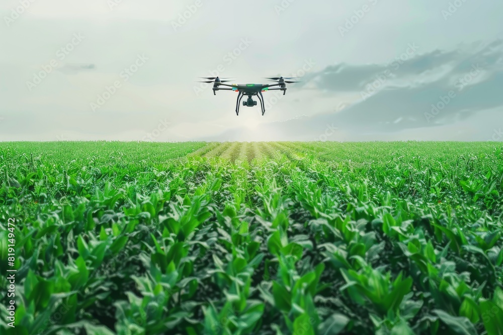 Poster agriculture efficient practices with drone application in blue drone using agriculture aerial view f