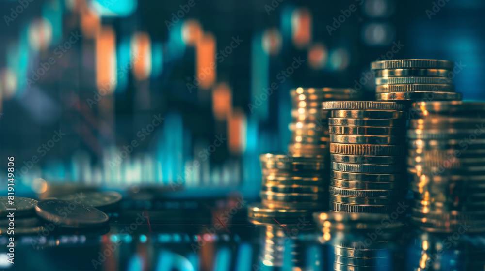Poster stacks of coins placed in front of financial graphs and data charts, symbolizing investment, economi