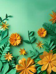 Paper cut flowers on green background with copy space. Mocup, paper art and craft style