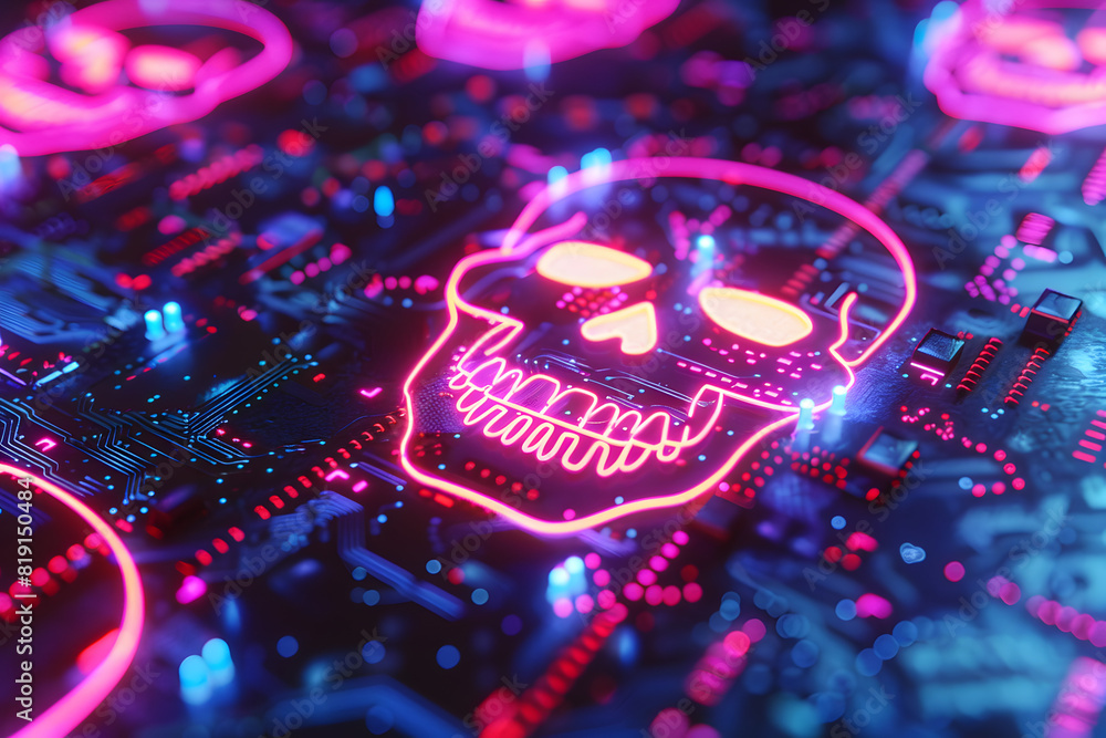 Poster digital cybercrime concept with glowing neon skull symbols representing malware and hacking threats.