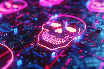 Fototapeta premium Digital cybercrime concept with glowing neon skull symbols representing malware and hacking threats.