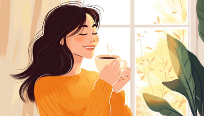 Happy Woman Holding a Cup of Coffee by the Window - Enjoy a peaceful moment with this image of a happy woman holding a cup of coffee by the window, perfect for illustrating relaxation and comfort