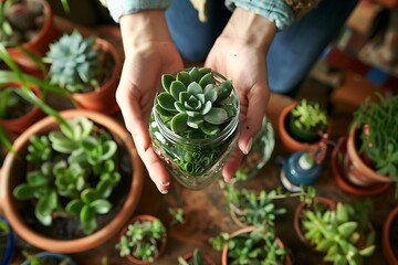 a person's hands gently holding a painted mason jar with a healthy succulent plant inside, surrounded by various pots with green plants
