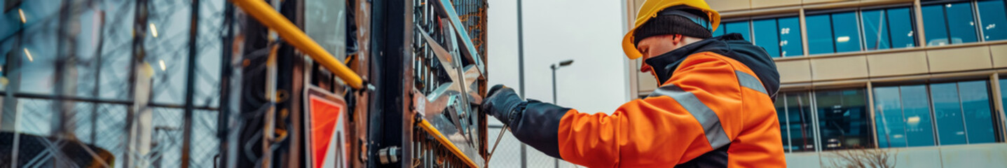 Close-up of a barrier, a worker repairing it in a car park near an office building --no cone, bollard 