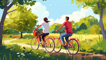Happy Couple Riding Bicycles in a Countryside - Explore nature with this image of a happy couple riding bicycles in a countryside, perfect for illustrating adventure and exploration