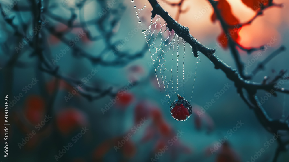Poster a spider web is hanging from a tree branch. the web is covered in dew and the spider is not visible.
