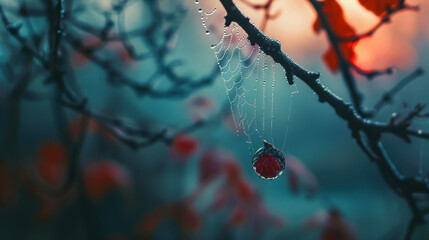 A spider web is hanging from a tree branch. The web is covered in dew and the spider is not visible. The image has a serene and peaceful mood, as the spider web is a natural occurrence - Powered by Adobe