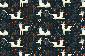 Halloween cat pattern with black and white cats, spiders, and cobwebs on dark background, seamless design for spooky decoration, festive tile ornament