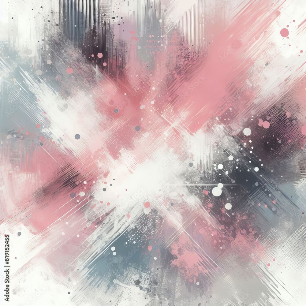 Poster dynamic abstract painting featuring explosive pink and gray splatters over a soft white background, 