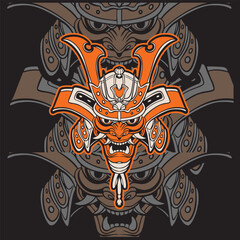 Samurai warrior mask. Traditional armor of japanese warrior. Vector illustration, shirt graphic. All elements; mask, helmet, colors are on the separate layers and editable.	