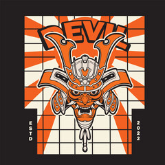 Samurai warrior mask. Traditional armor of japanese warrior. Vector illustration, shirt graphic. All elements; mask, helmet, colors are on the separate layers and editable.	