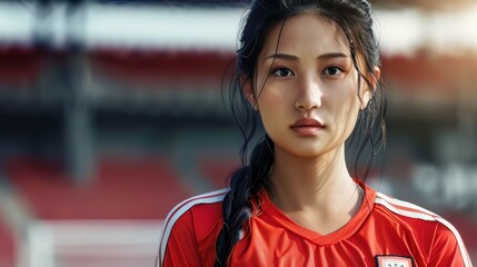 Asian woman wearing soccer player or supporter attribute uniform - Powered by Adobe