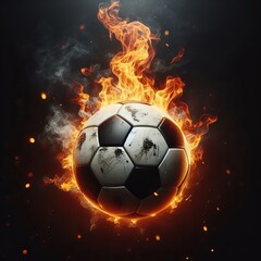A realistic depiction of a soccer ball engulfed in flames, conveying intense action and energy, set against a dark, smoky backdrop.. AI Generation