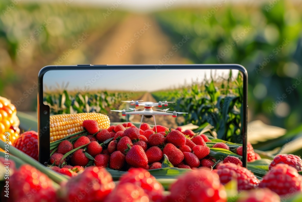 Poster vibrant illustrations in digital farming management for drone agriculture with efficient water use a